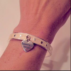 Baseball Mom Silver and White Sparkle Enamel Hinge Bangle Mom Love Bracelet